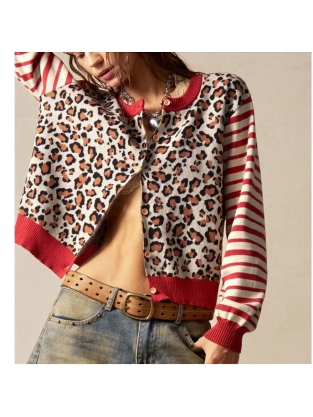 Leopard Print Button Down Striped Loose Fit Cardigan S M L new